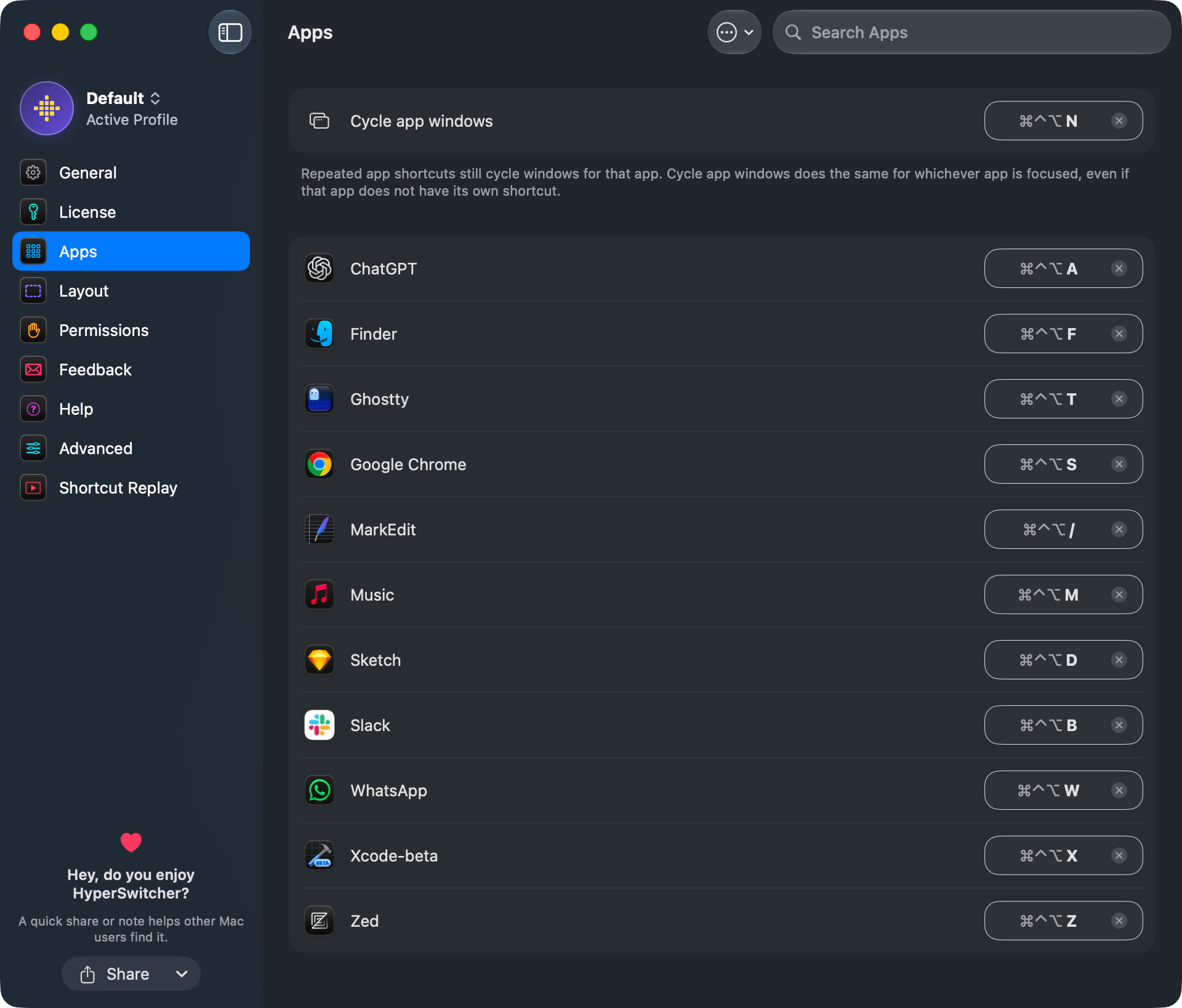 Apps settings screenshot