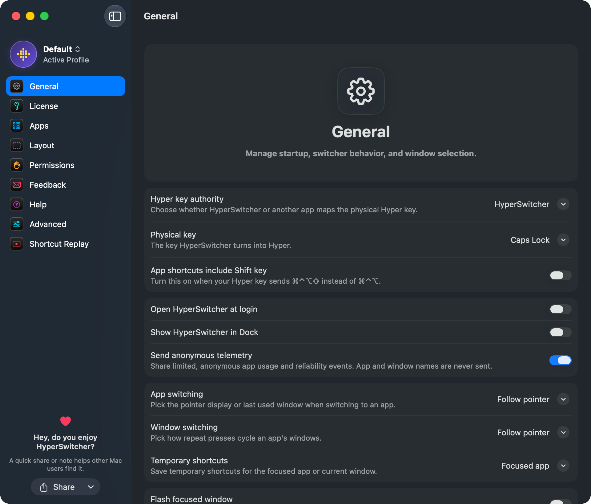 General settings screenshot