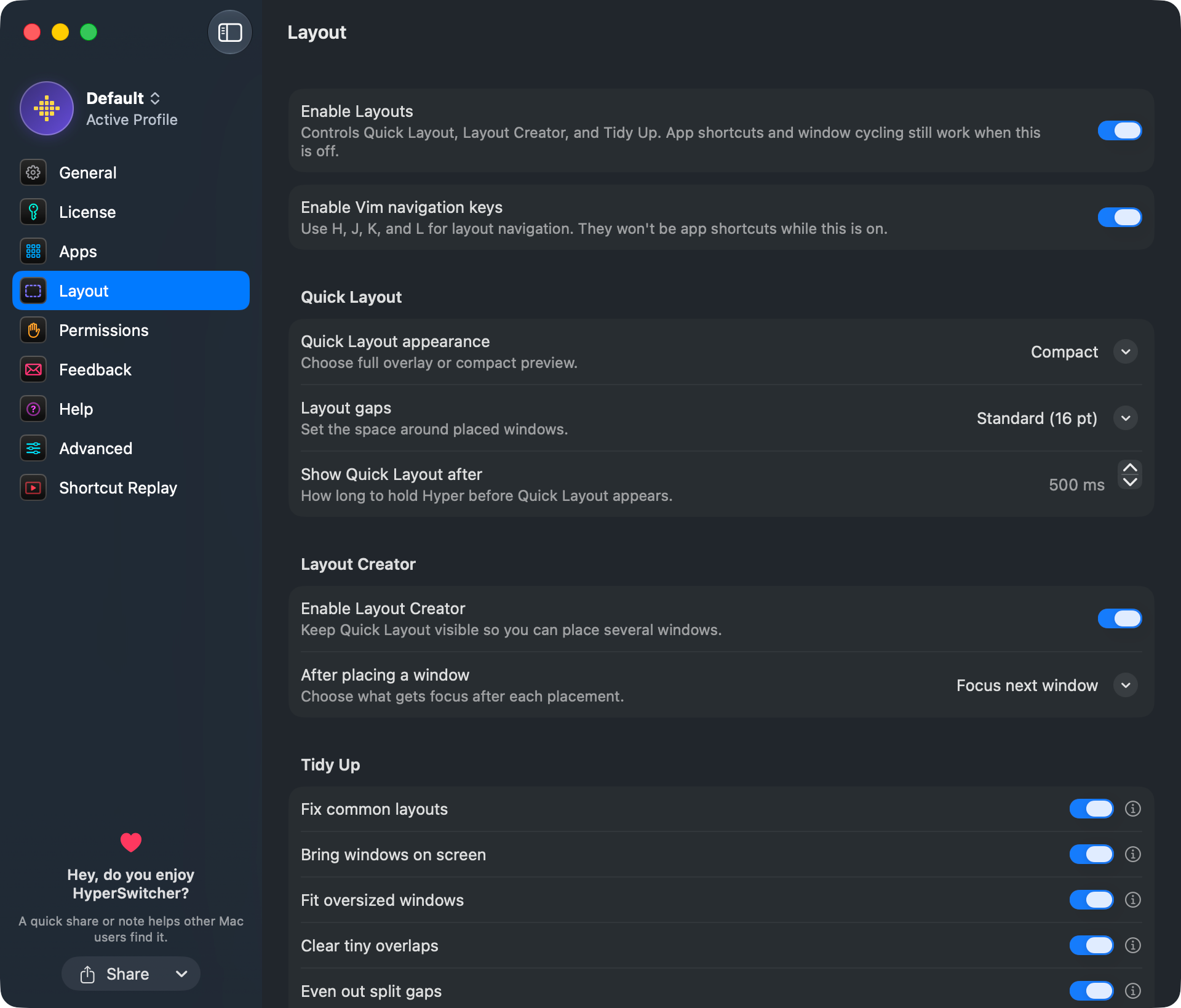 Layout settings screenshot