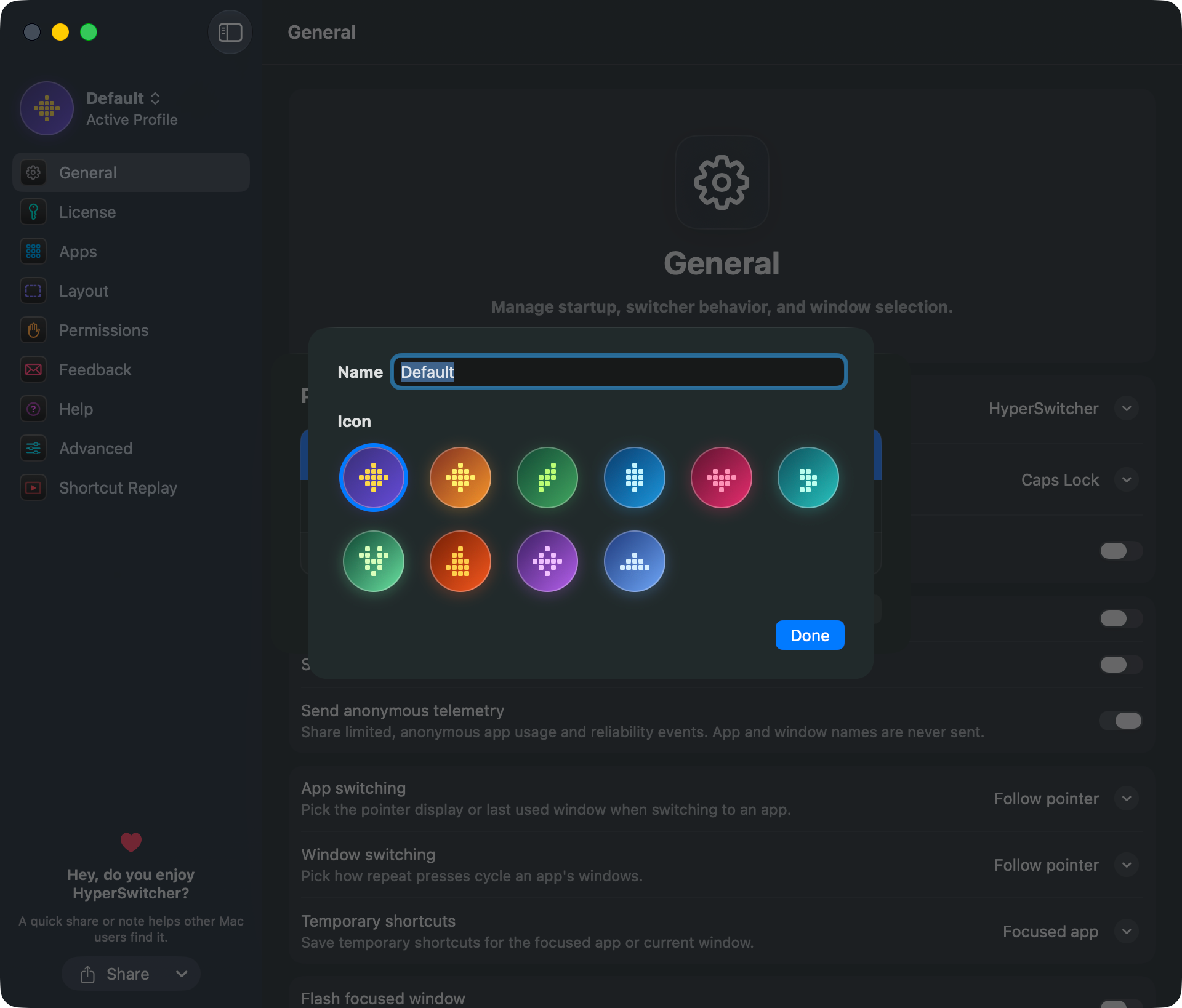 Profile settings screenshot